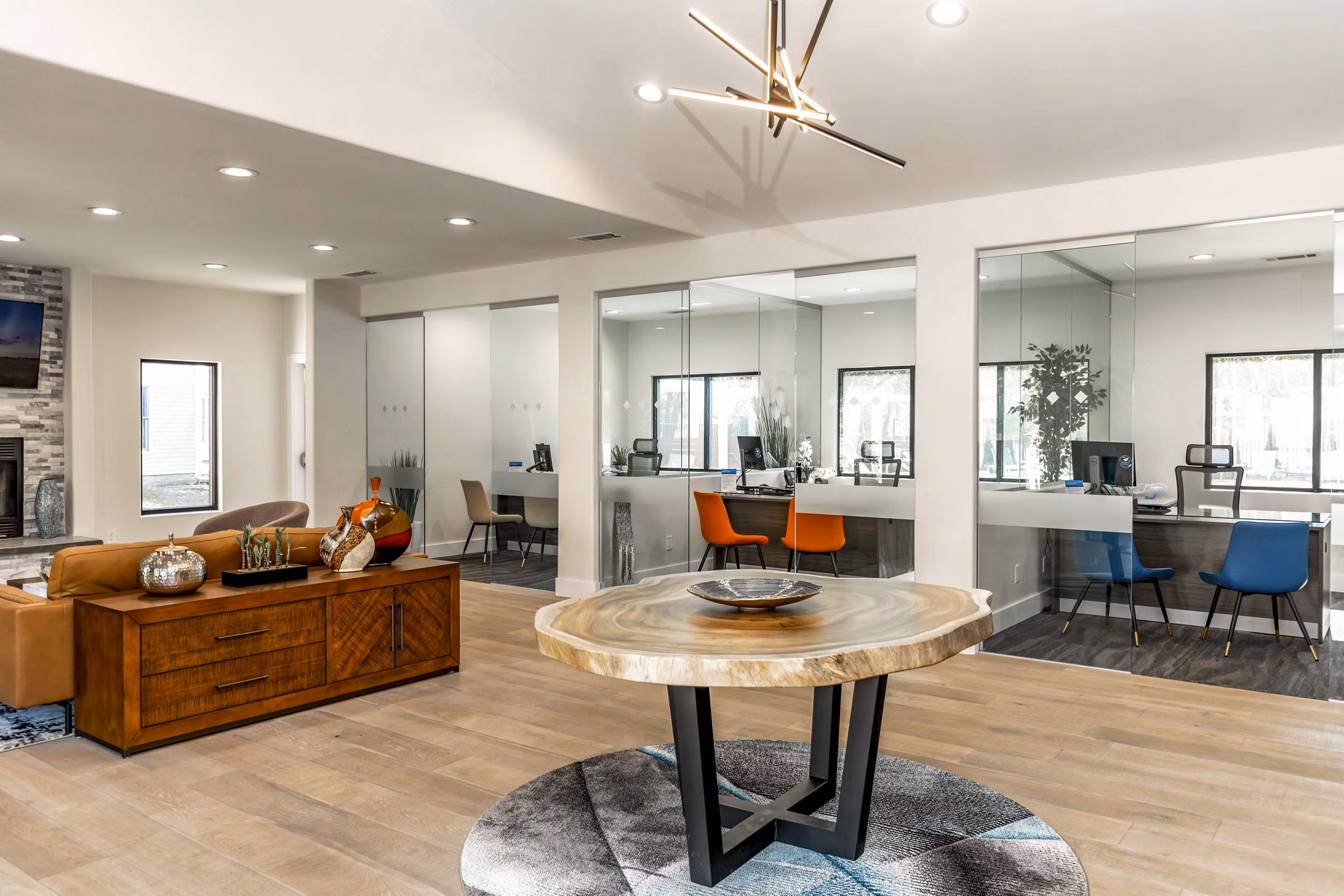 Stylish clubhouse lobby with modern furnishings at Wellington Apartments