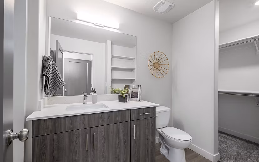 Bathroom with sleek fixtures and elegant lighting at Banner Hill Apartments in Baltimore, offering luxurious and modern living spaces