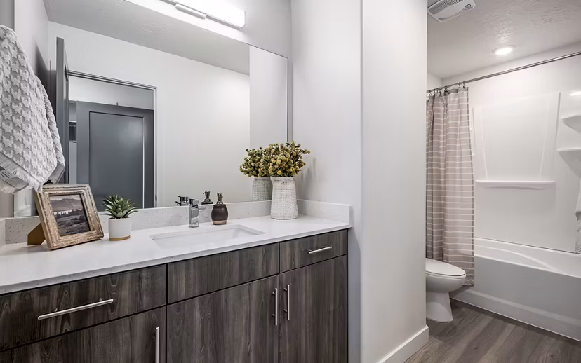 Banner Hill Apartments: Modern bathroom with sleek fixtures and marble countertop