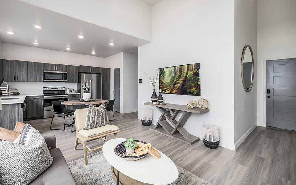 Modern living room with cozy seating and sleek decor at Banner Hill Apartments