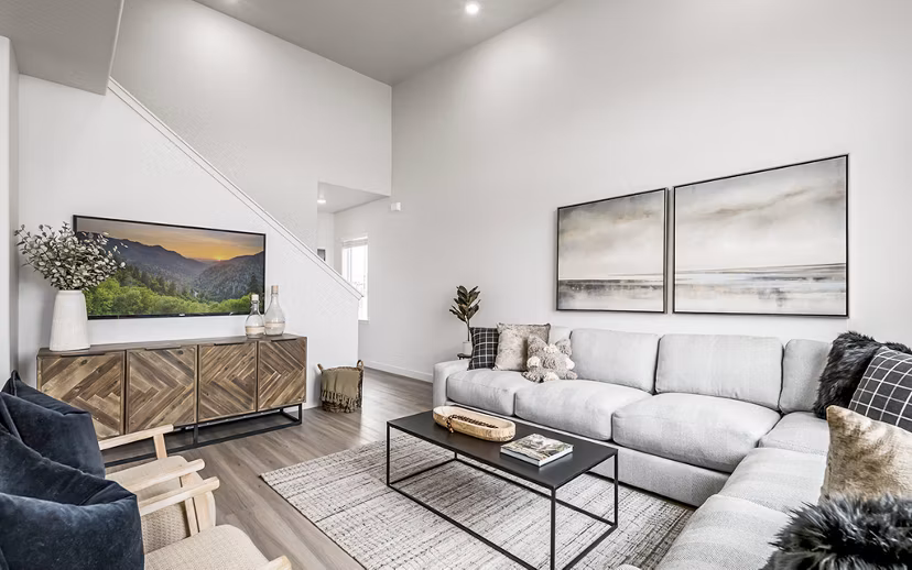 Spacious living room with modern decor in Banner Hill Apartments