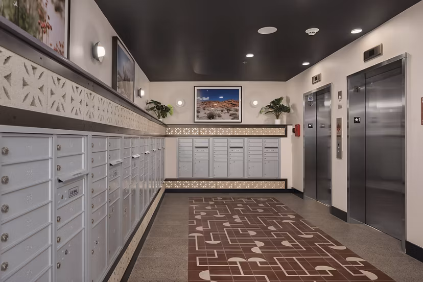Mail room with modern mailboxes at Broadstone Vin Apartments