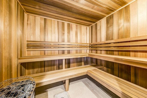 Relaxing sauna at The Bend at Highland Meadows Apartments, featuring soothing wood interiors and modern amenities for ultimate comfort