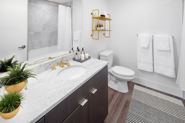 Modern bathroom featuring sleek fixtures and ample lighting at The Fitz Apartments, a Greystar luxury community