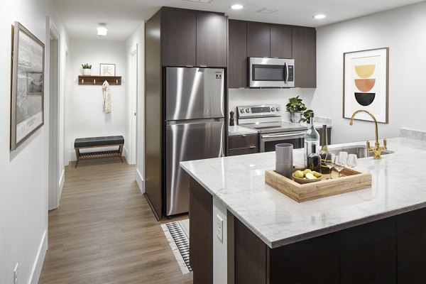 Modern kitchen with stainless steel appliances in The Fitz Apartments, luxury living in a Greystar community