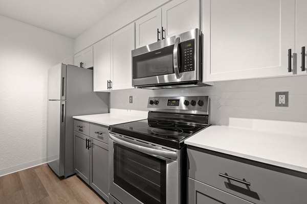 Modern kitchen with stainless steel appliances at Larkspur Place Apartments