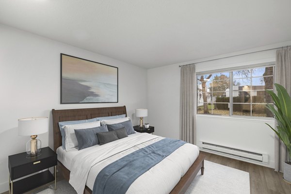 Bedroom featuring modern decor at Sedona at Bridgecreek Apartments