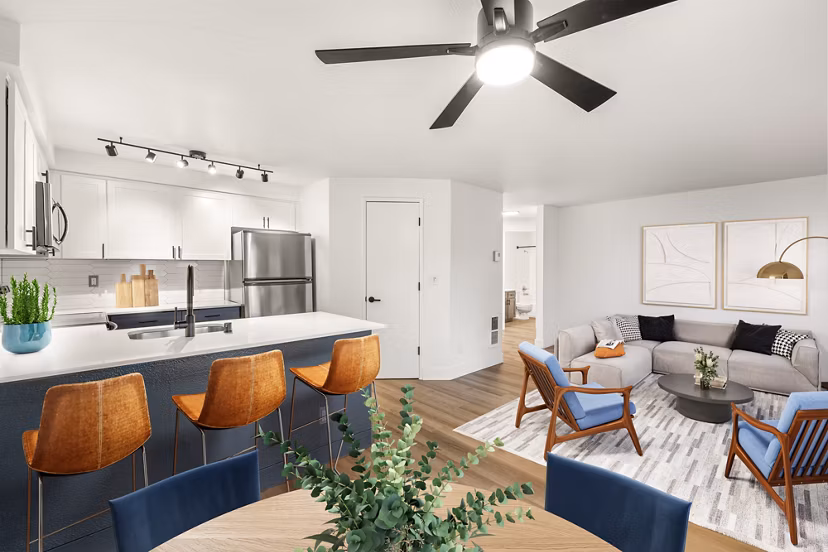 Dining area with elegant wooden furnishings at Sedona at Bridgecreek Apartments