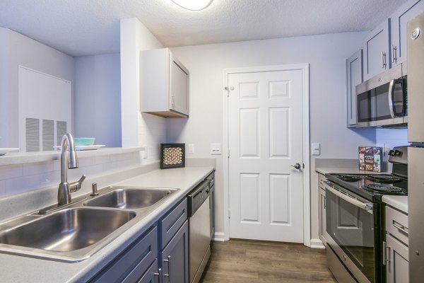 Modern kitchen with stainless steel appliances and gray cabinets in luxury apartments