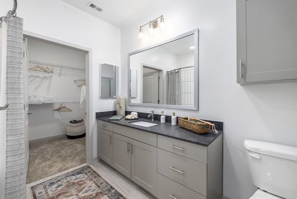 Modern bathroom with sleek vanity and large mirror at Overture Tributary Apartments, luxury living space by Greystar