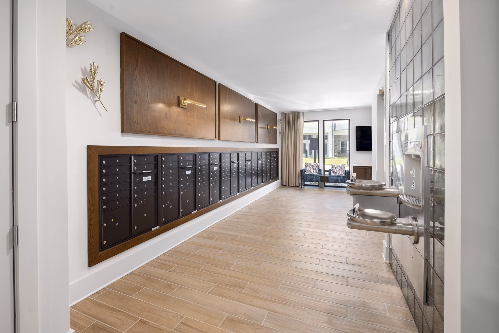 Mailroom with secure package lockers at Overture Tributary Apartments