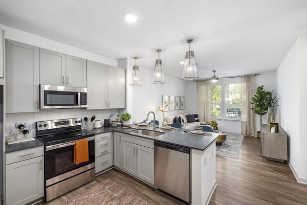 Modern kitchen with granite countertops and stainless steel appliances at Overture Tributary Apartments, luxurious living in Georgia