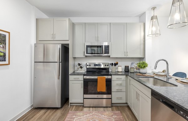 Modern kitchen with stainless steel appliances at Overture Tributary Apartments, featuring a sleek design for luxurious cooking and dining experiences