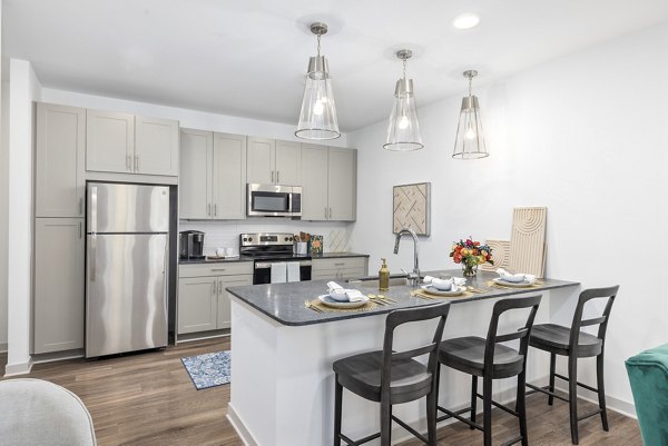 Modern kitchen featuring stainless steel appliances at Overture Tributary Apartments, a luxury community by Greystar