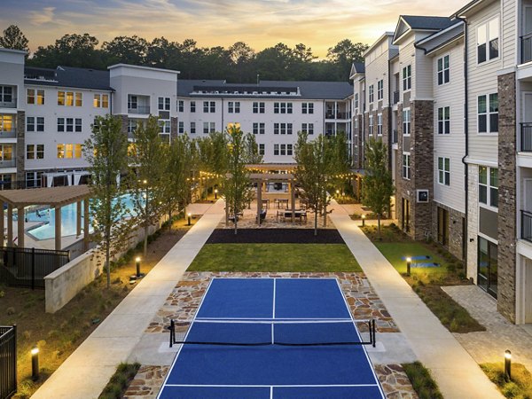 Outdoor sport court at Overture Tributary Apartments with surrounding lush greenery