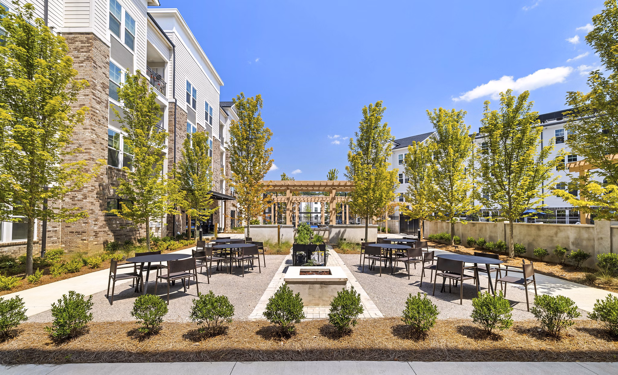 Peaceful courtyard with lush gardens at Overture Tributary Apartments, luxury living by Greystar