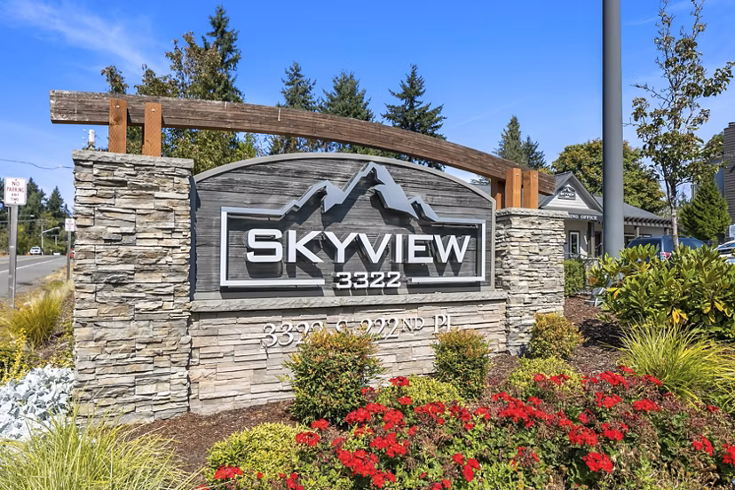 Signage for Skyview 3322 luxury apartments in urban location