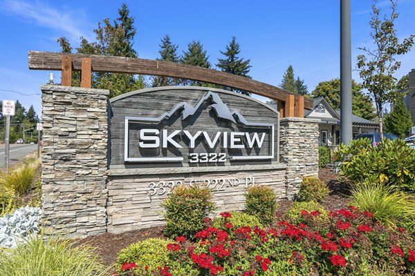 Signage for Skyview 3322 luxury apartments in urban location