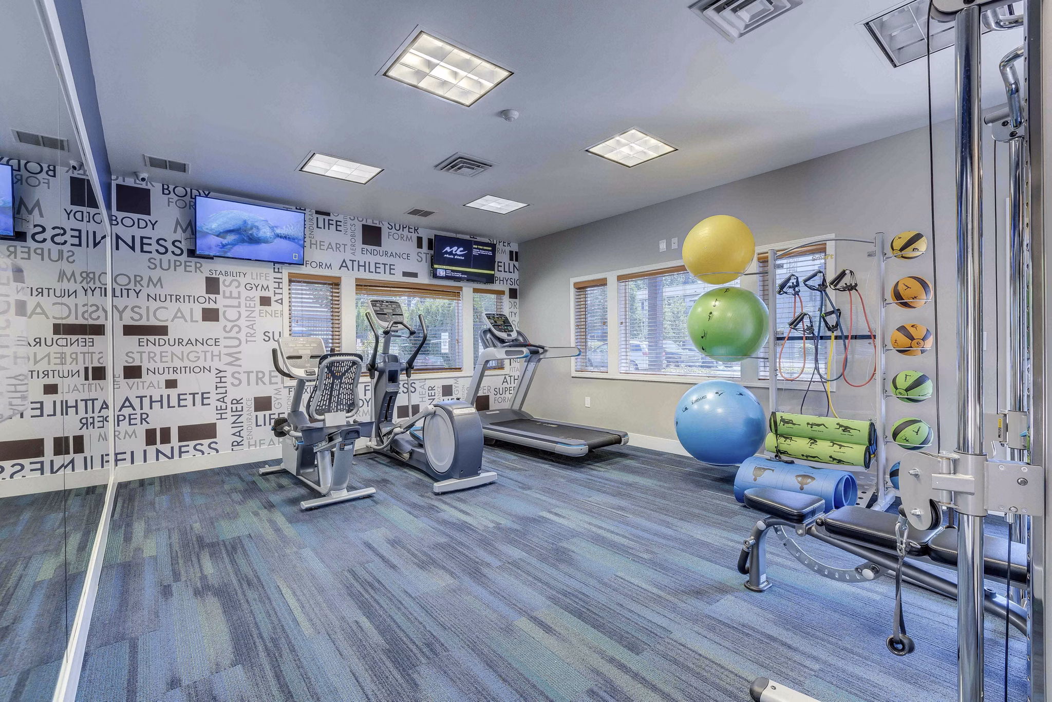 Modern fitness center with state-of-the-art equipment at Skyview 3322 Apartments offering luxury workout space for residents