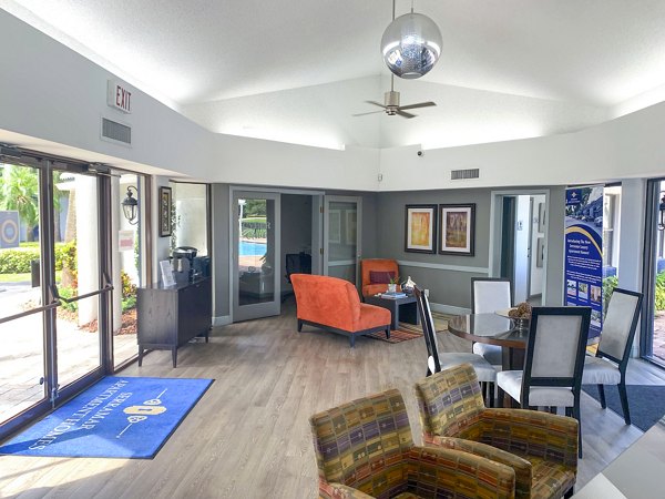 Clubhouse featuring elegant interiors and modern seating at Cielo Point Apartments