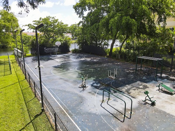 Open-air fitness center with modern equipment at Cielo Point Apartments, offering a unique outdoor workout experience