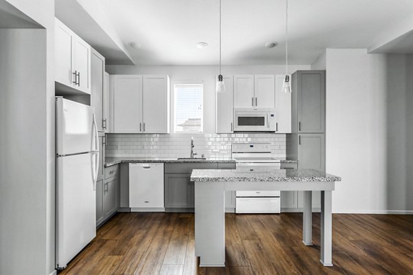 Kitchen with stainless steel appliances and quartz countertops at The Element Apartments