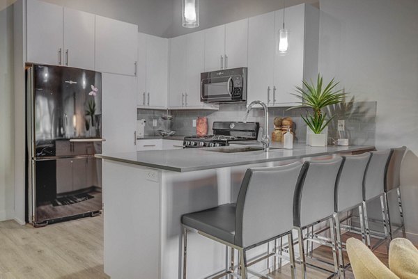 Modern kitchen featuring stainless steel appliances and granite countertops in The Calo Apartments