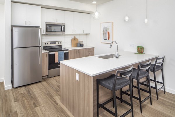 Modern kitchen with stainless steel appliances at The Overland Apartments in Greystar's luxury community