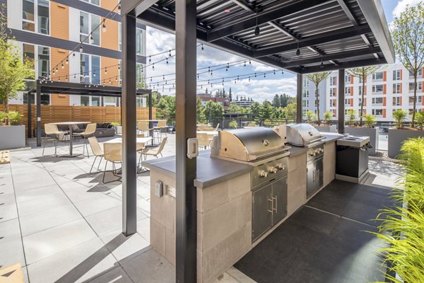 Outdoor grilling area featuring modern equipment at The Overland Apartments, luxury living in a vibrant community