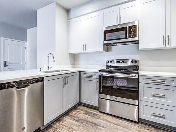 Modern kitchen with stainless steel appliances at Sereno Apartments