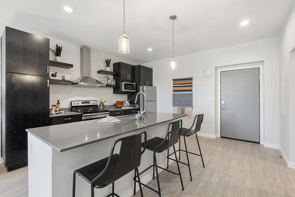 Modern kitchen featuring stainless steel appliances and sleek countertops at FLATZ 602 Apartments, luxury living in an open-concept design