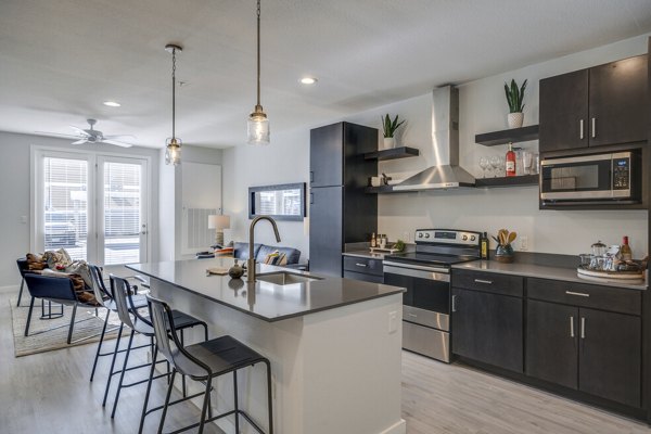 Modern kitchen with stainless steel appliances and granite countertops at FLATZ 602 Apartments, luxury living in a vibrant community