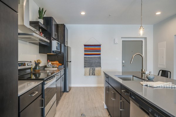 Modern kitchen featuring sleek countertops and stainless steel appliances at FLATZ 602 Apartments, a Greystar luxury property