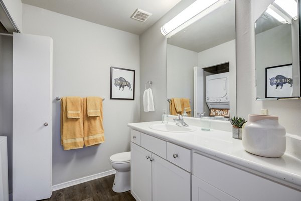 Modern bathroom with sleek finishes at Union Baseline Apartments in luxury Greystar community