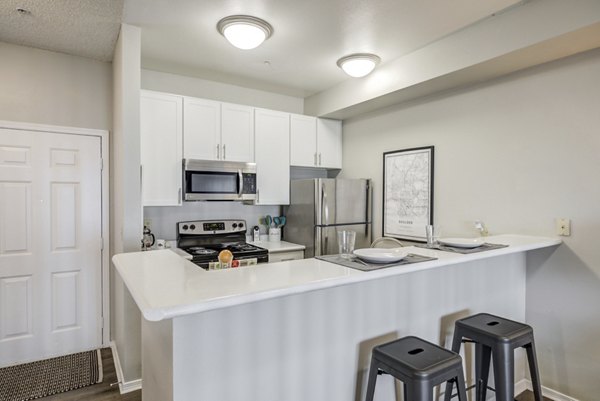 Modern kitchen with stainless steel appliances at Union Baseline Apartments