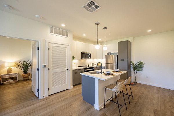 Modern kitchen featuring stainless steel appliances in Alma Apartments