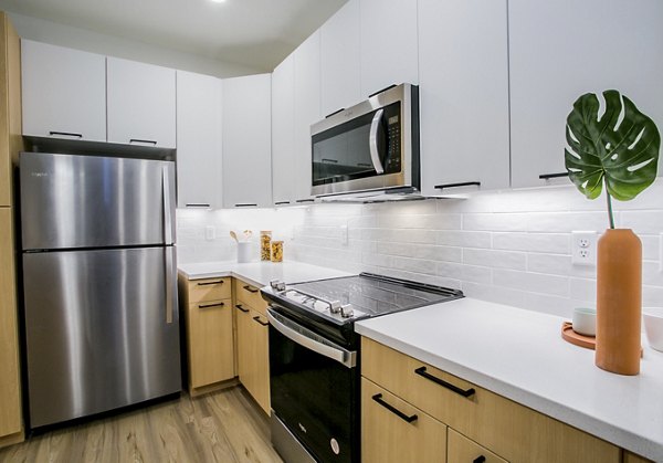 Modern kitchen with stainless steel appliances in Alma Apartments, offering luxury living at Greystar's premium community