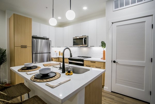 Modern kitchen with stainless steel appliances in Alma Apartments