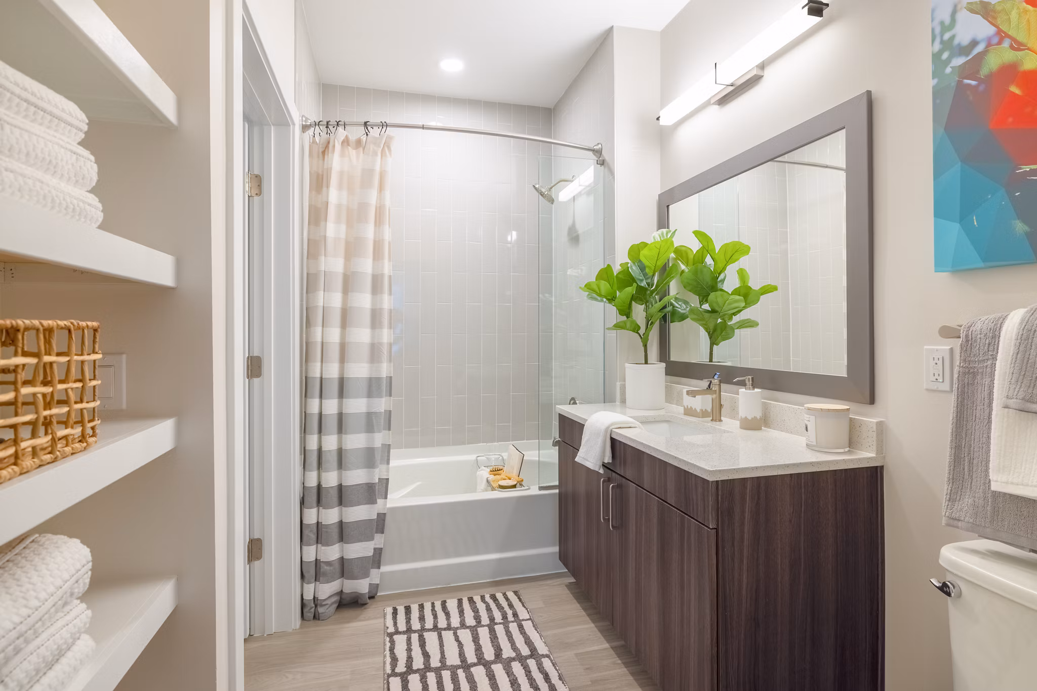 Modern bathroom with sleek fixtures at The Cynwyd Apartments, offering luxury living in a stylish Greystar community