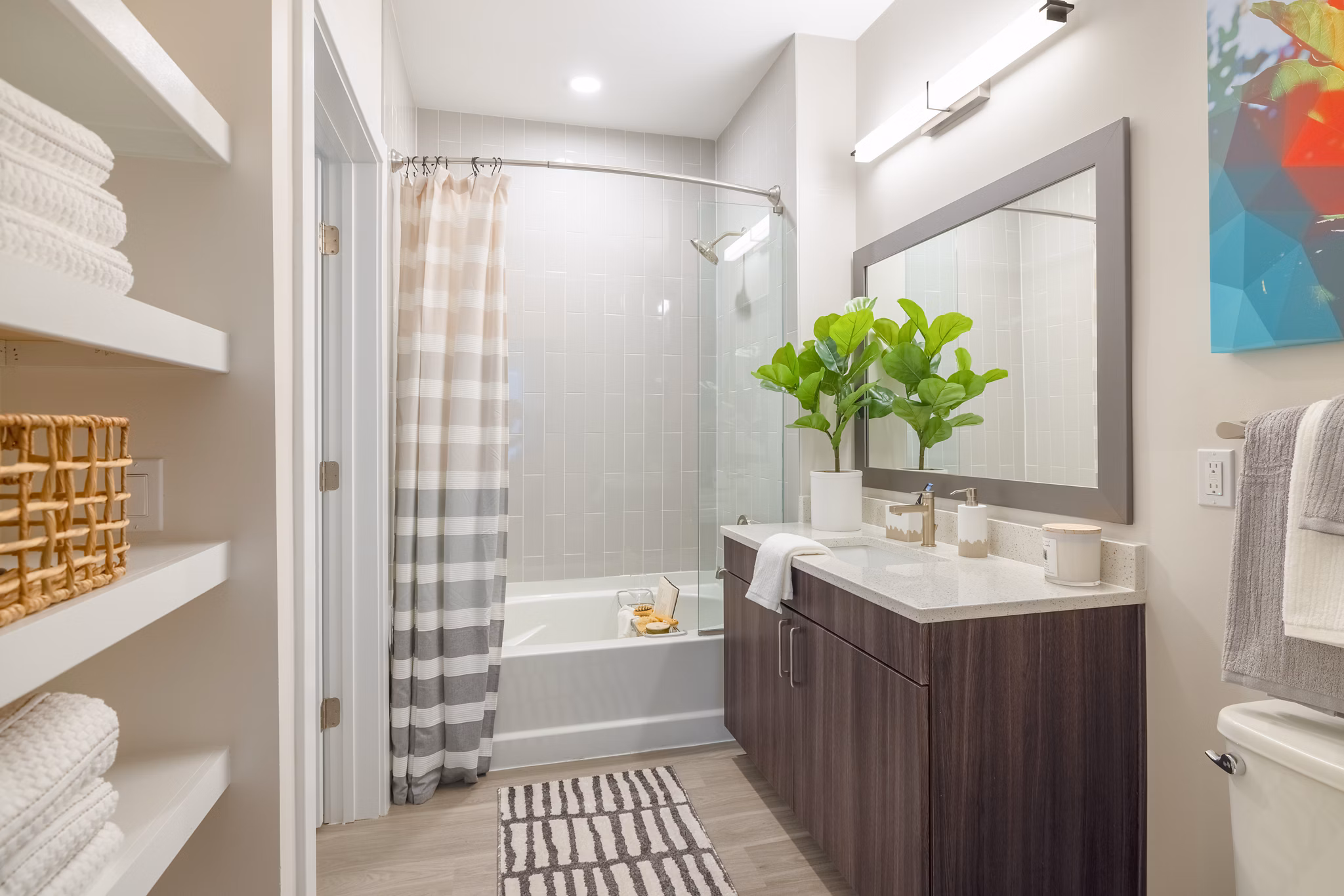 Modern bathroom with sleek fixtures at The Cynwyd Apartments, offering luxury living in a stylish Greystar community