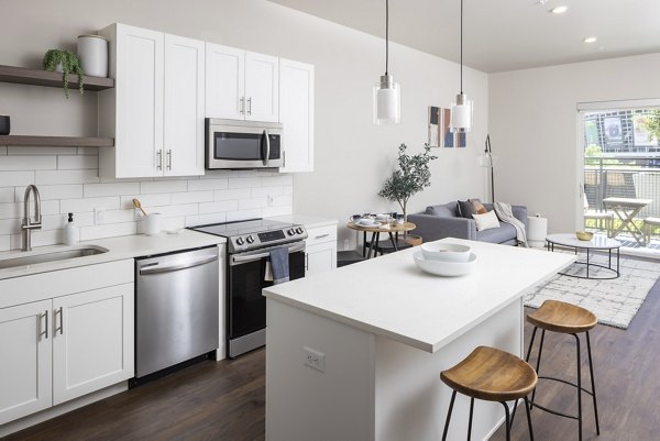 Modern kitchen with stainless steel appliances and granite countertops at 1919 Mile High Apartments