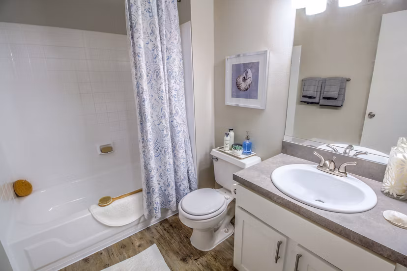 Bathroom featuring modern vanity and fixtures at The Retreat at Vista Lake Apartments