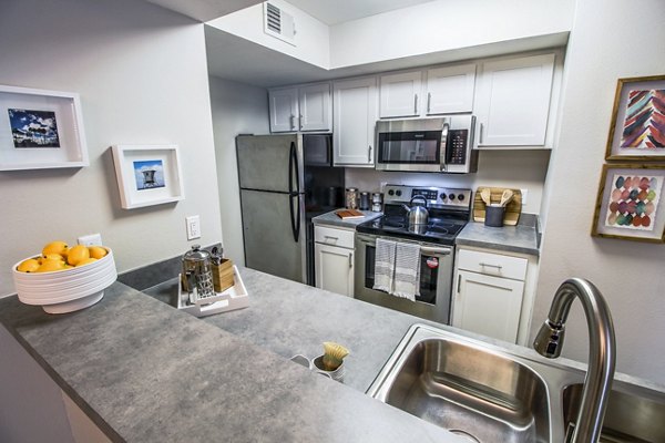 Modern kitchen with stainless steel appliances at The Retreat at Vista Lake Apartments