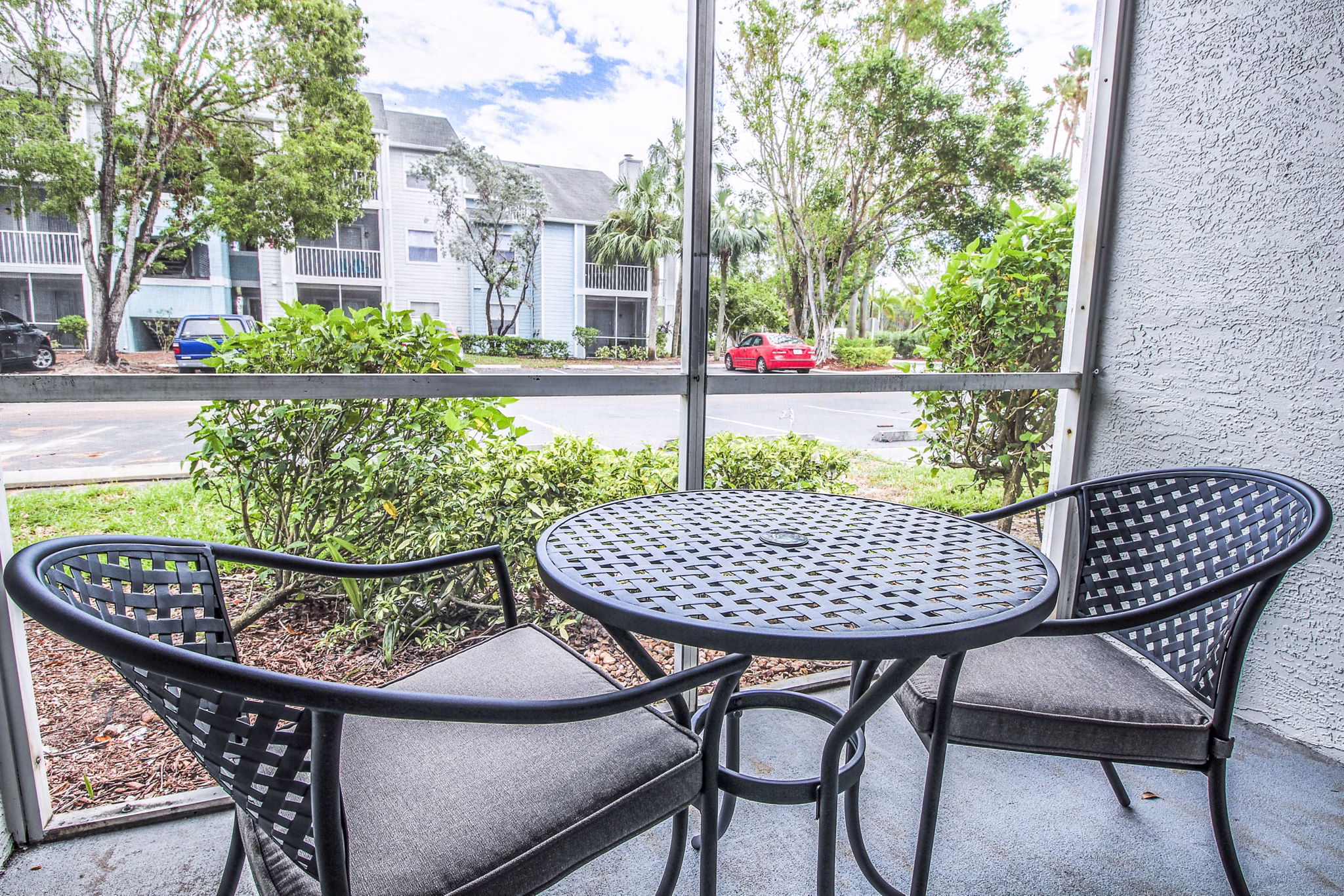 Spacious patio with lake views at The Retreat at Vista Lake Apartments