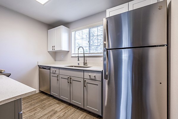 Modern kitchen with stainless steel appliances in 1202 Pearl Apartments