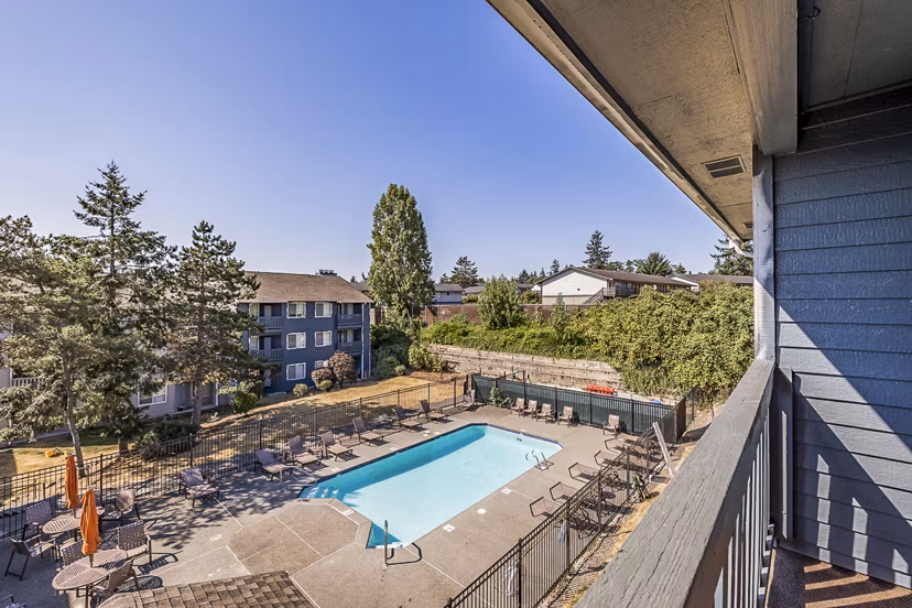 Luxurious pool area at 1202 Pearl Apartments featuring lounge chairs and cabanas