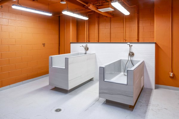 Dog wash station at The Barton at Woodley Apartments, a convenient amenity for pet owners in a luxurious setting