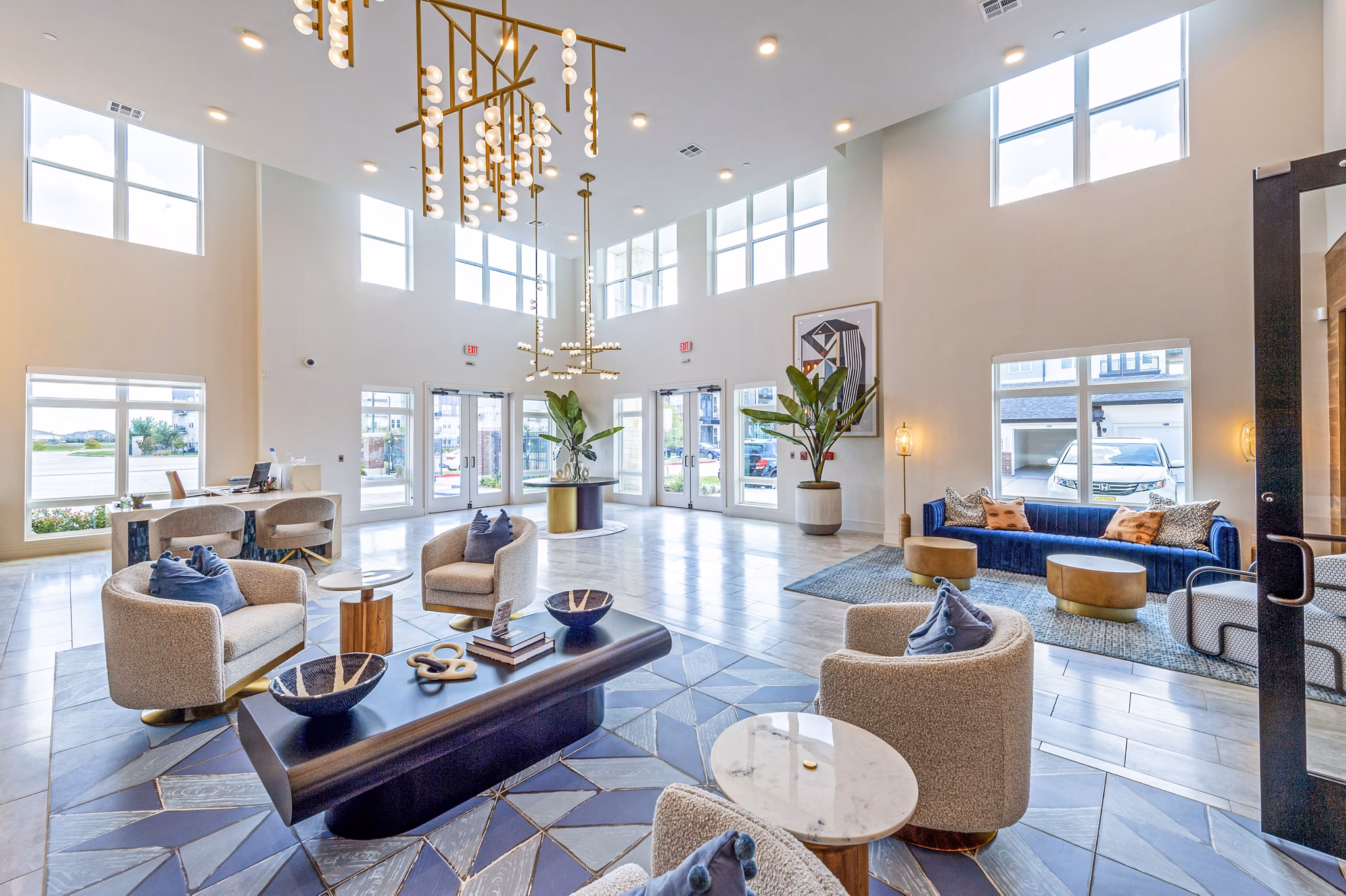 Clubhouse lobby featuring modern decor at The Waterview Apartments
