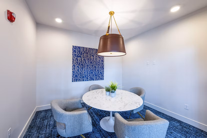 Clubhouse meeting facility with modern seating and AV equipment at The Waterview Apartments, luxury community with river views