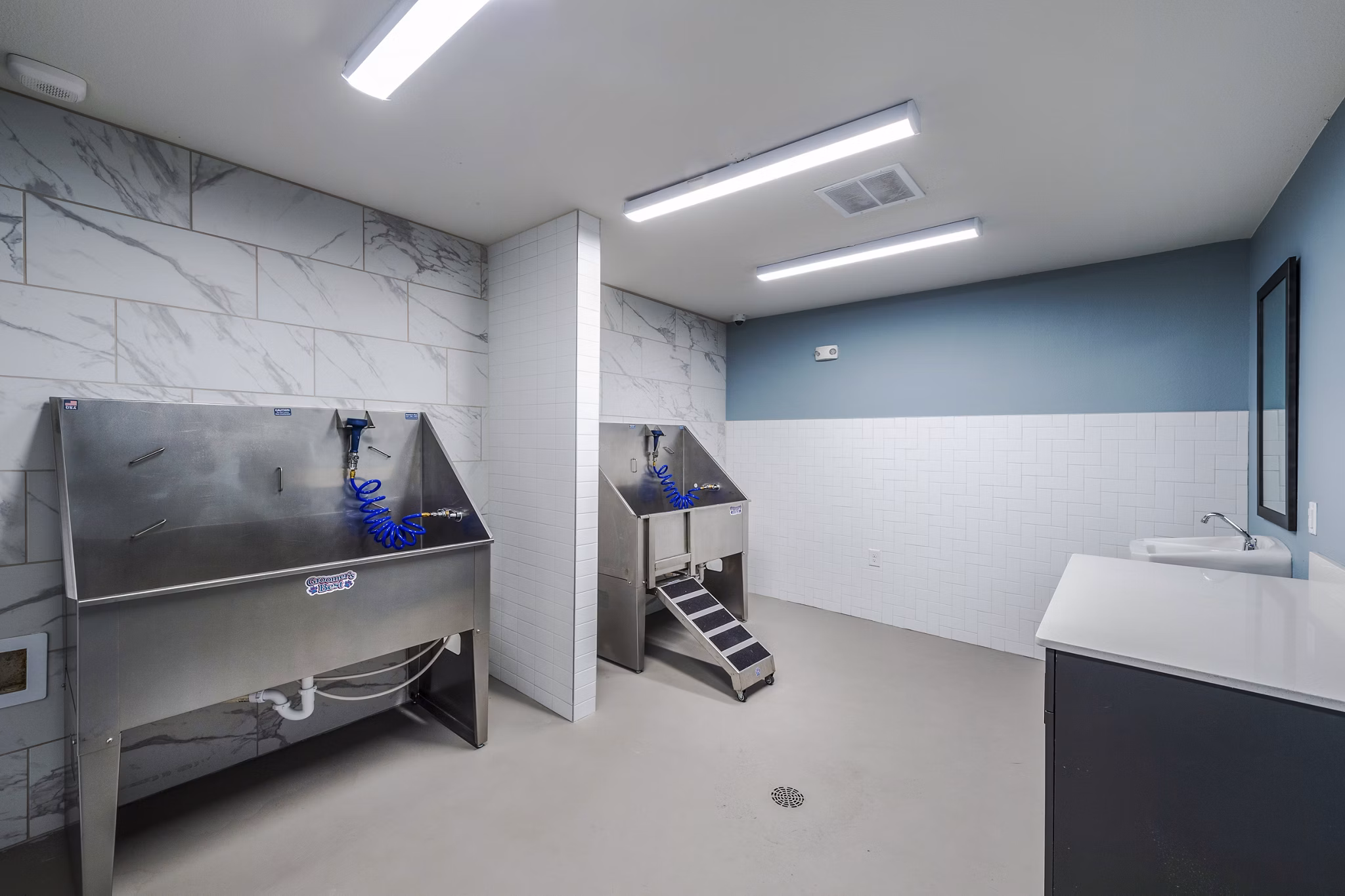 Dog wash station at The Waterview Apartments featuring state-of-the-art grooming facilities and pet-friendly amenities in luxury riverside living
